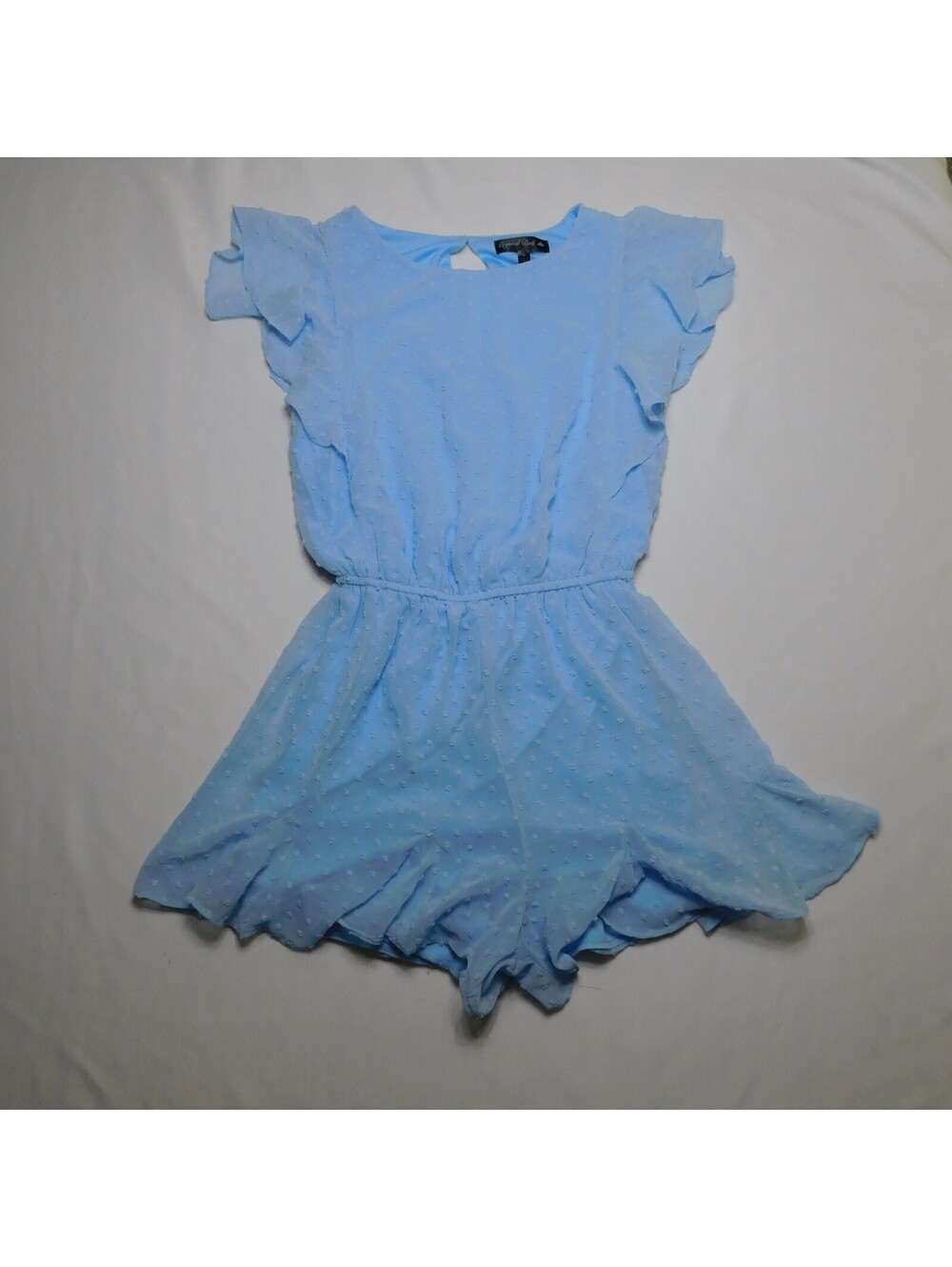 Crystal Doll Blue Swiss Dot Romper Juniors Size S Flutter Sleeve Ruffle Chiffon